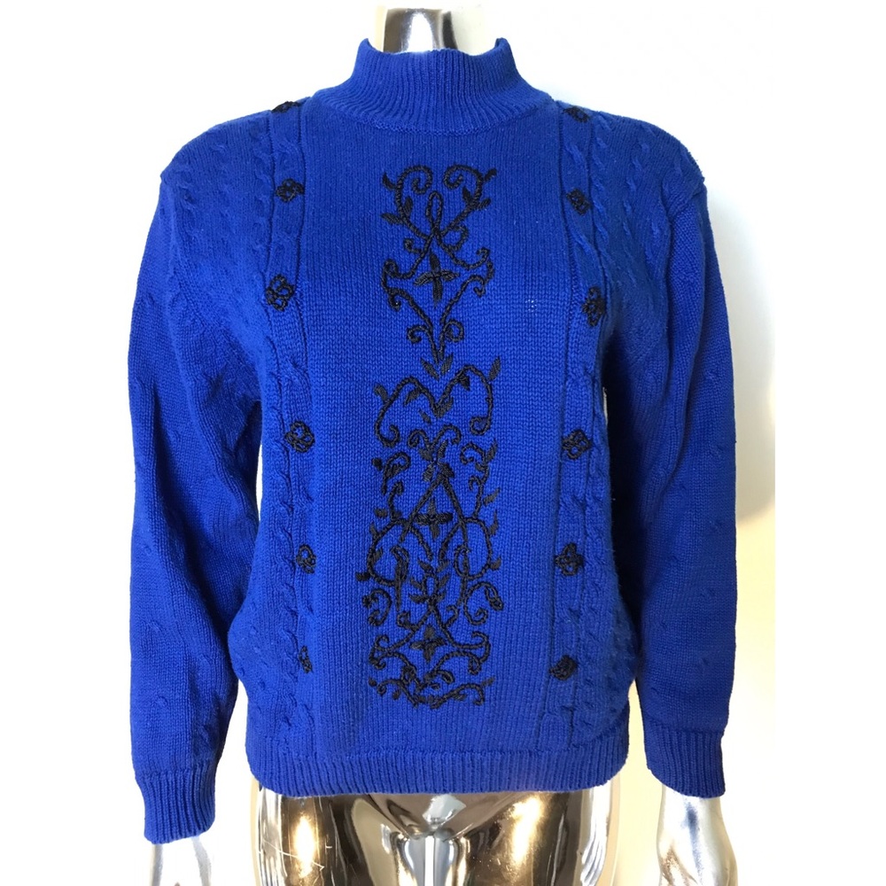 Blue Turtleneck Cable Knit Sweater